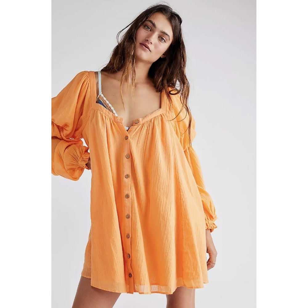New Free People So Fresh Tunic Blouse Size XS Boho Gauzy Puff Sleeves Papaya